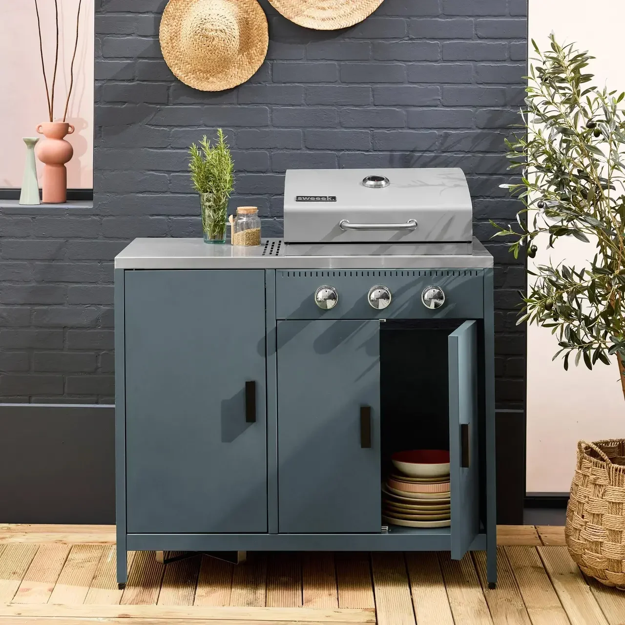 Barbecue gaz 3 brûleurs inox sur pied avec rangement et thermomètre intégré