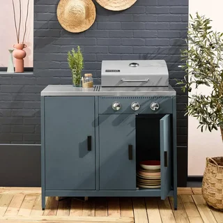 Barbecue gaz 3 brûleurs inox sur pied avec rangement et thermomètre intégré
