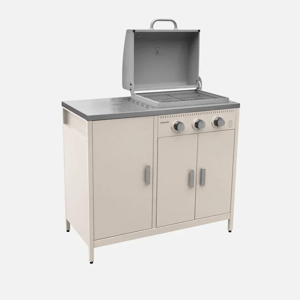 Barbecue gaz 3 brûleurs sur pied avec rangement et thermomètre intégré