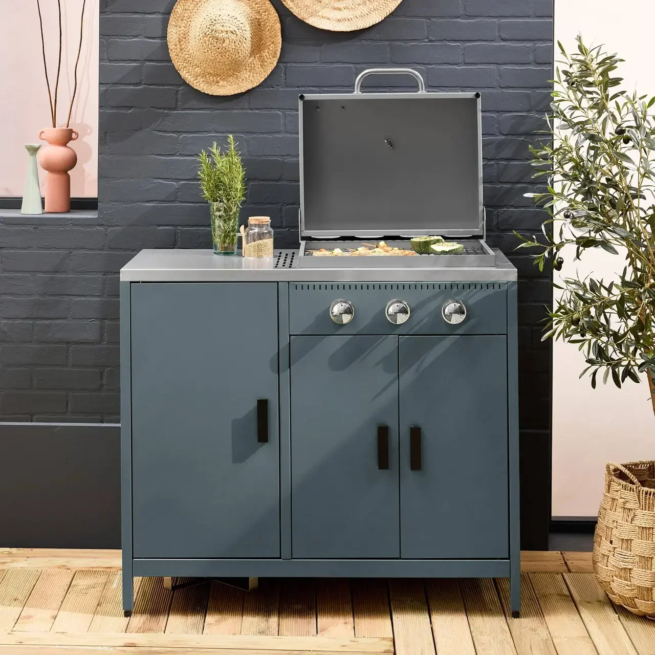 Barbecue gaz 3 brûleurs inox sur pied avec rangement et thermomètre intégré