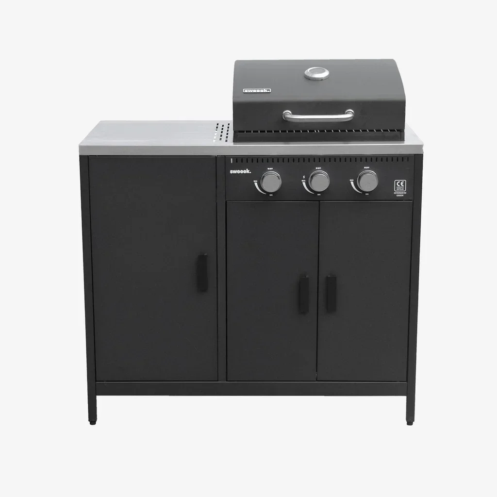 Barbecue gaz 3 brûleurs sur pied avec rangement et thermomètre