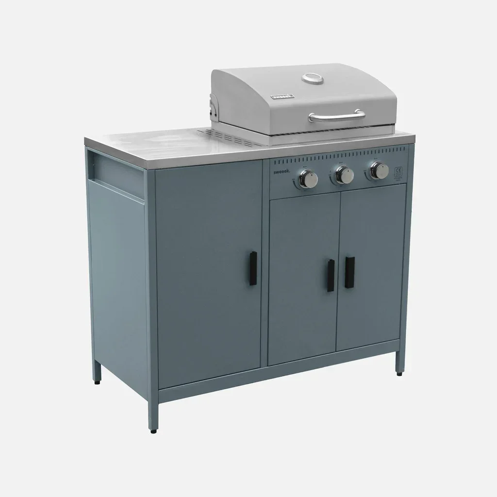 Barbecue gaz 3 brûleurs inox sur pied avec rangement et thermomètre intégré