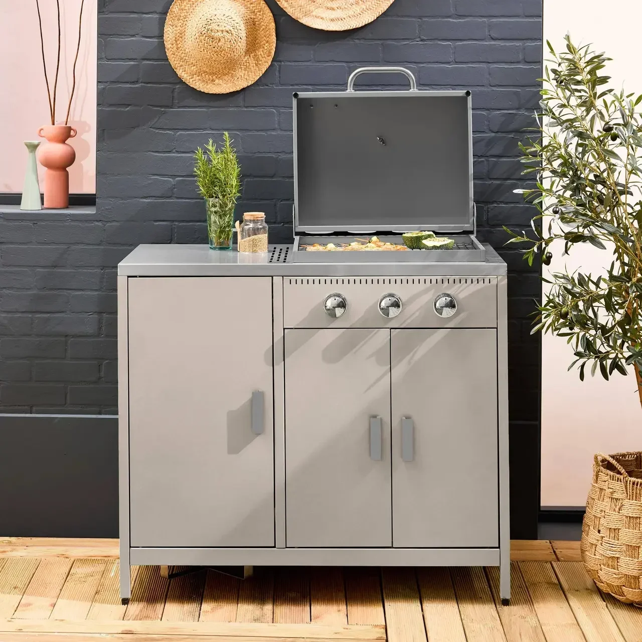 Barbecue gaz 3 brûleurs sur pied avec rangement et thermomètre intégré