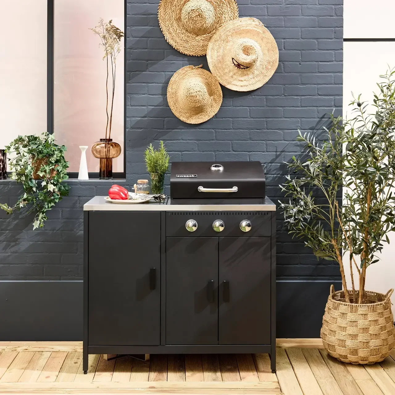 Barbecue gaz 3 brûleurs sur pied avec rangement et thermomètre