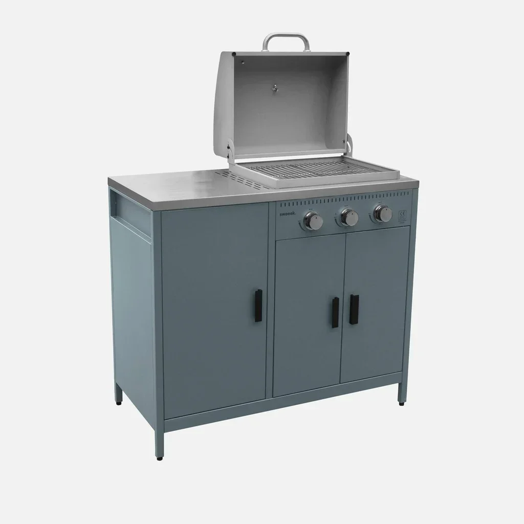 Barbecue gaz 3 brûleurs inox sur pied avec rangement et thermomètre intégré