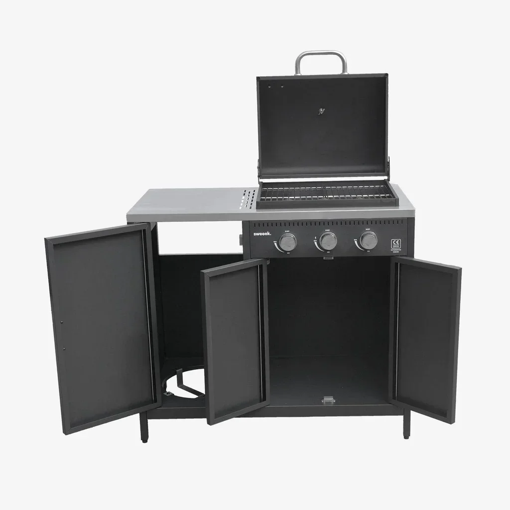 Barbecue gaz 3 brûleurs sur pied avec rangement et thermomètre