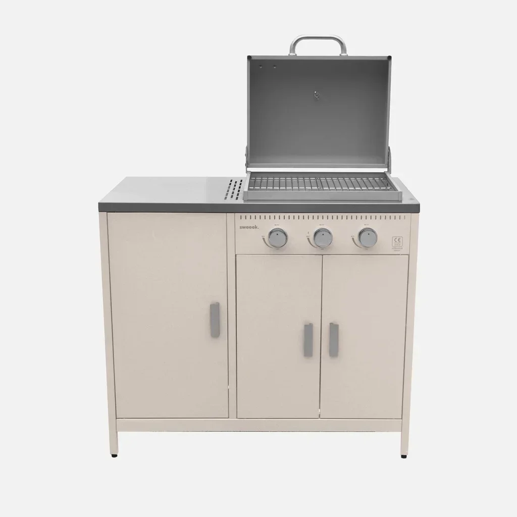 Barbecue gaz 3 brûleurs sur pied avec rangement et thermomètre intégré