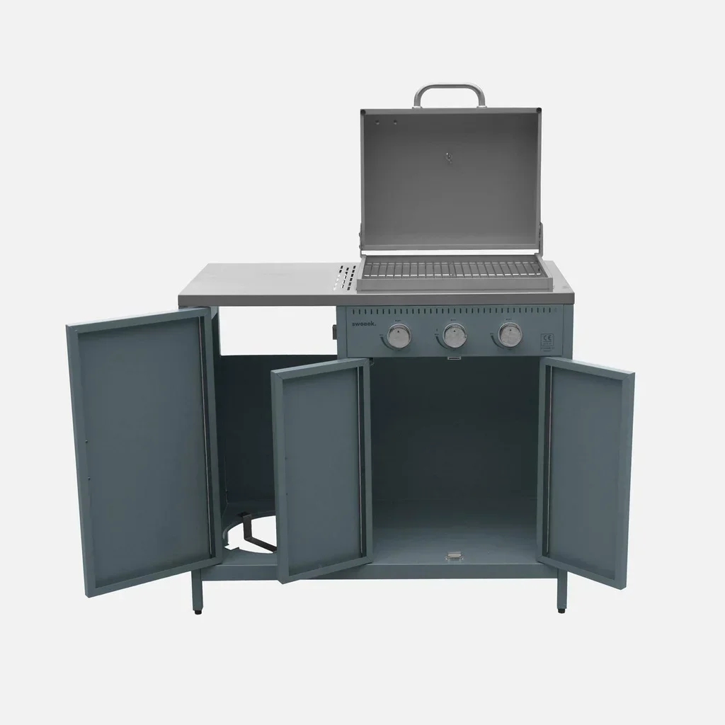Barbecue gaz 3 brûleurs inox sur pied avec rangement et thermomètre intégré