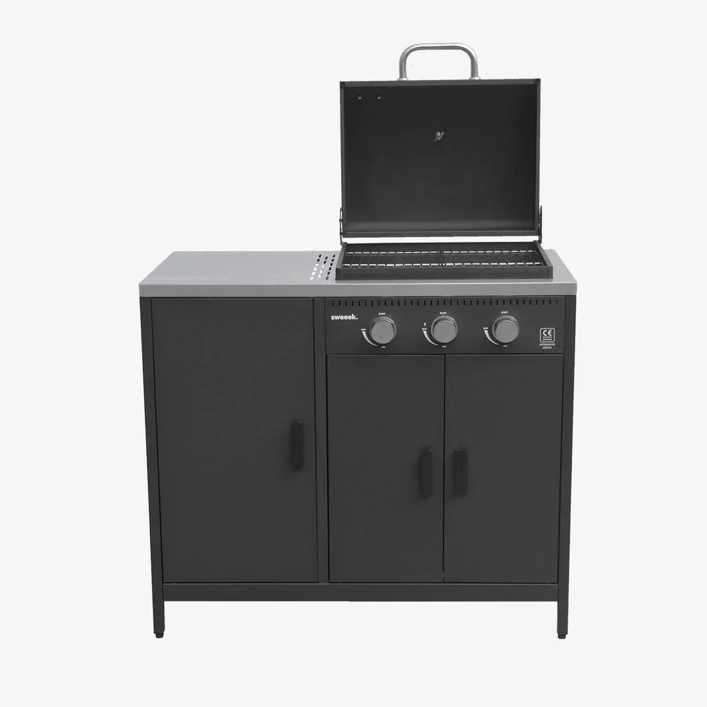 Barbecue gaz 3 brûleurs sur pied avec rangement et thermomètre