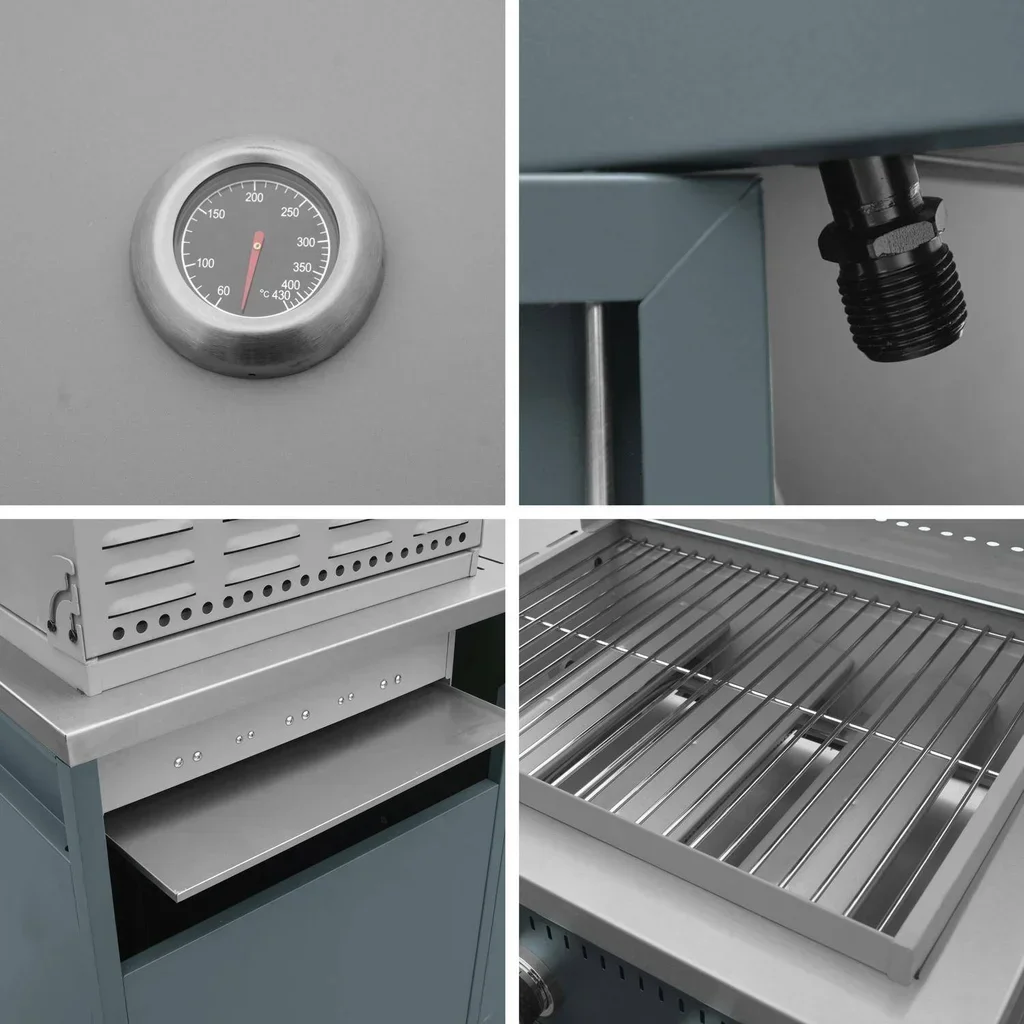 Barbecue gaz 3 brûleurs inox sur pied avec rangement et thermomètre intégré