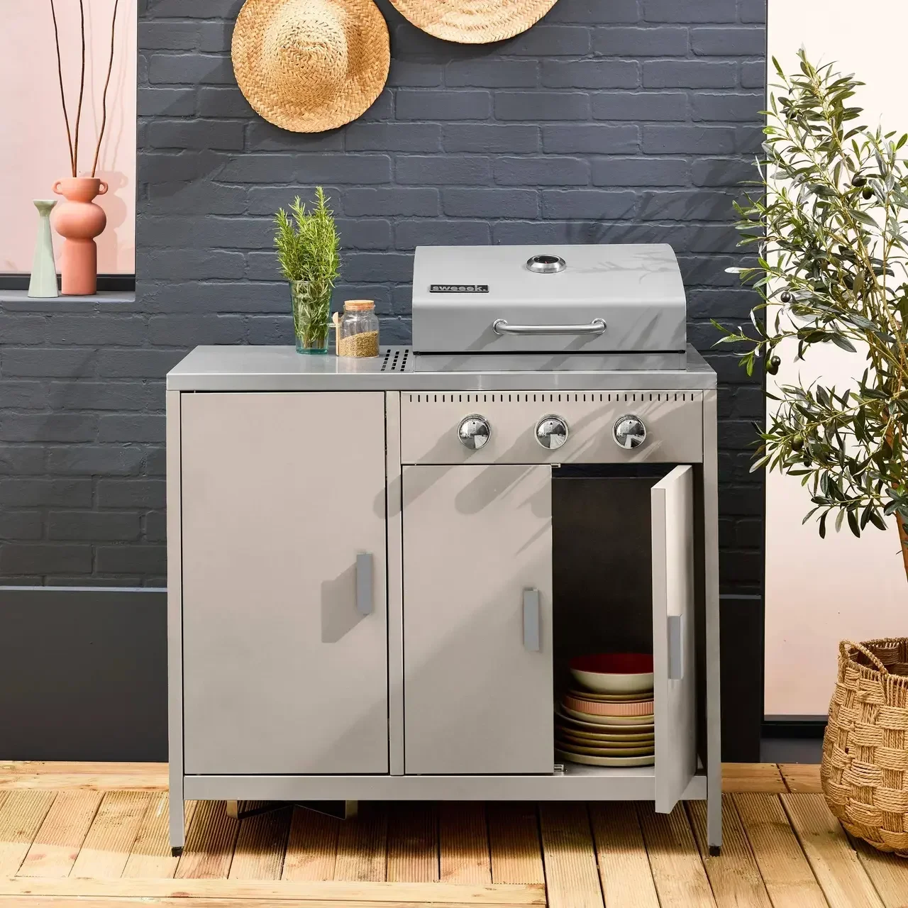 Barbecue gaz 3 brûleurs sur pied avec rangement et thermomètre intégré