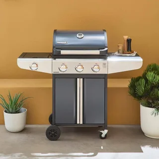 Barbecue à gaz 3 feux avec réchaud latéral Bazin 3 en acier inoxydable