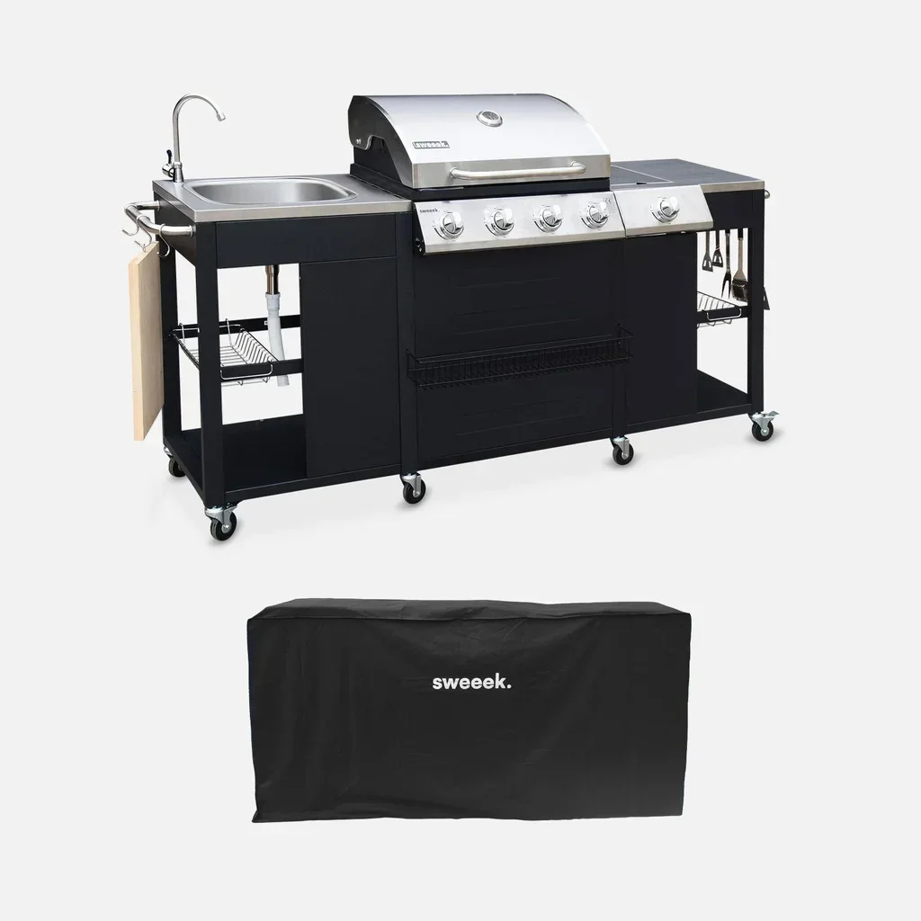 Barbecue gaz 4 brûleurs cuisine extérieure complète avec évier et housse