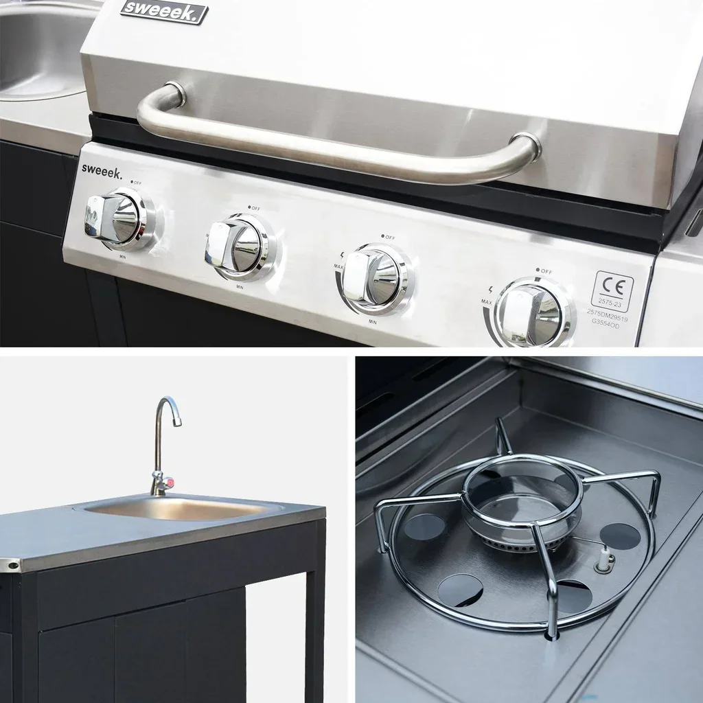 Barbecue gaz 4 brûleurs avec réchaud latéral, évier et accessoires cuisine extérieure
