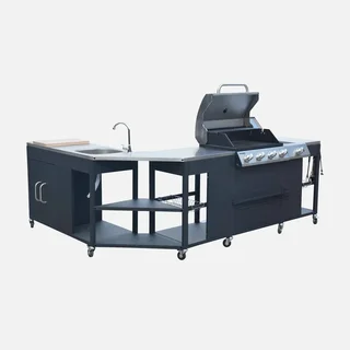 Barbecue gaz 4 brûleurs avec réchaud latéral, évier et accessoires cuisine extérieure