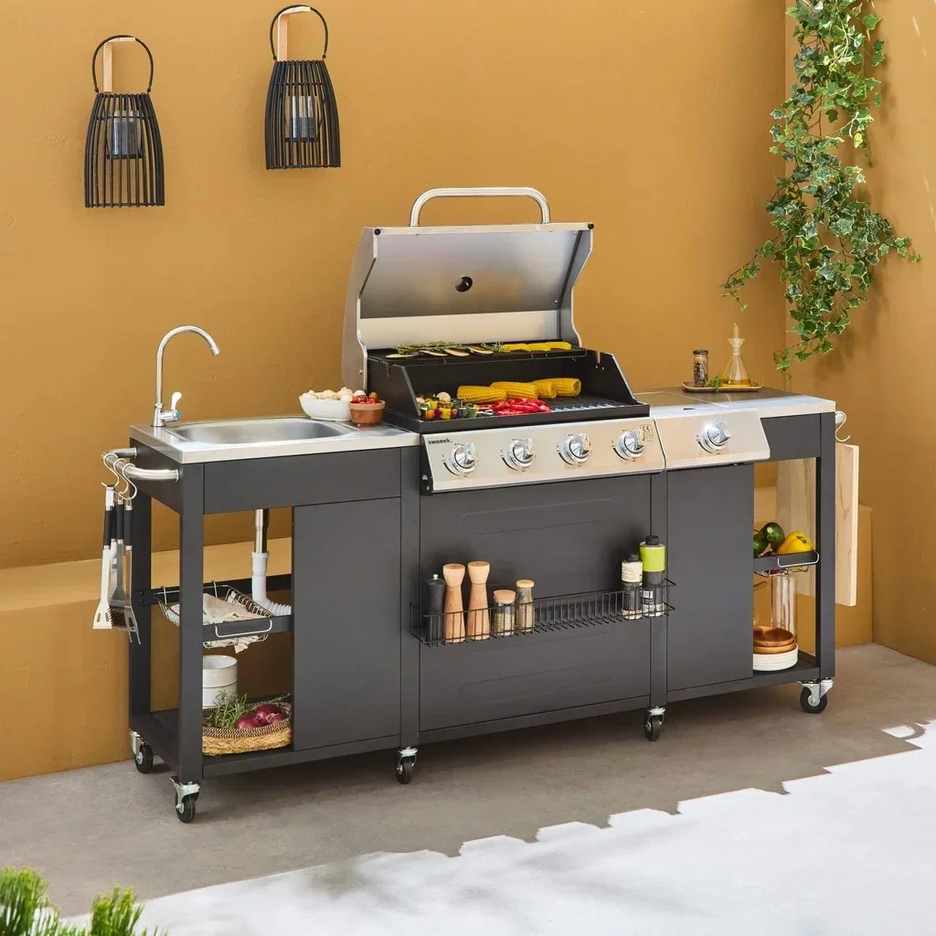 Barbecue gaz 4 brûleurs avec évier, réchaud latéral et thermomètre intégré