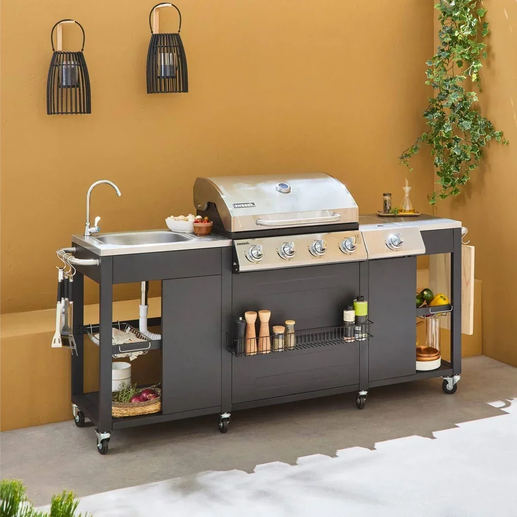 Barbecue gaz 4 brûleurs avec évier, réchaud latéral et thermomètre intégré