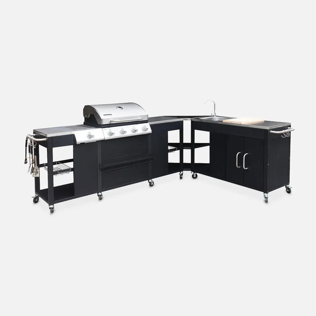 Barbecue gaz 4 brûleurs avec réchaud latéral, évier et accessoires cuisine extérieure