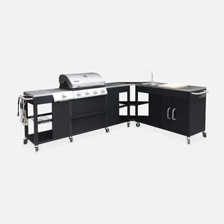 Barbecue gaz 4 brûleurs avec réchaud latéral, évier et accessoires cuisine extérieure
