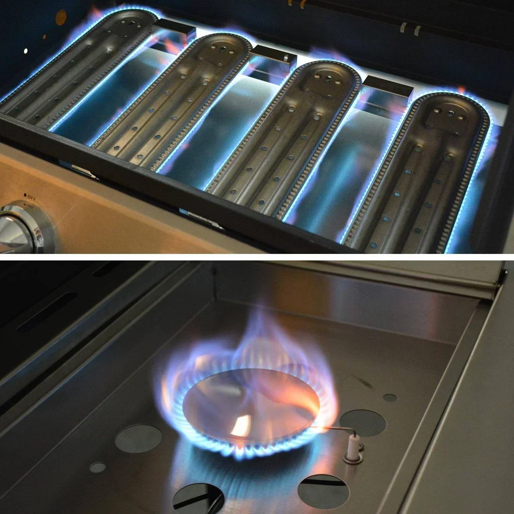 Barbecue gaz 4 brûleurs avec réchaud latéral, évier et accessoires cuisine extérieure