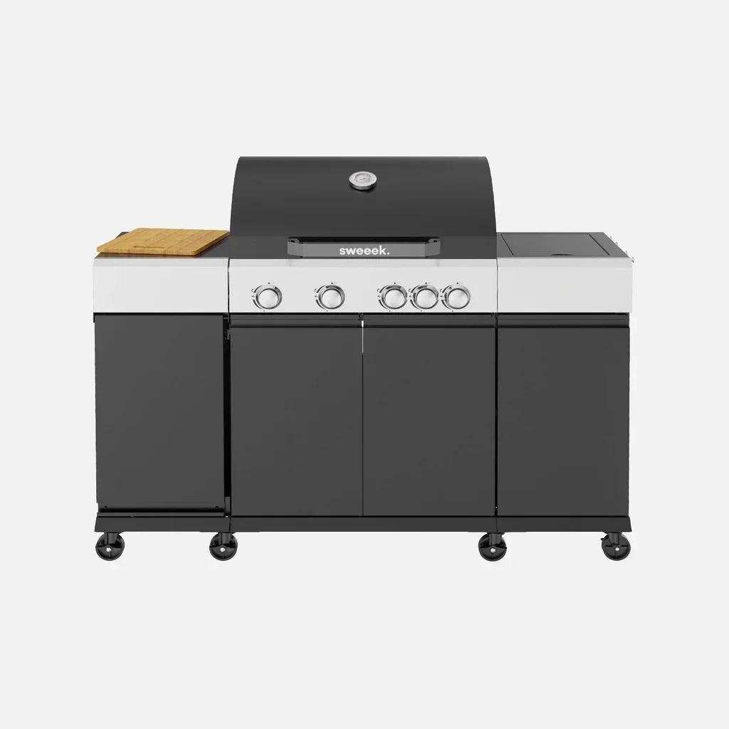 Barbecue gaz 4 brûleurs avec réchaud latéral, thermomètre et tablettes