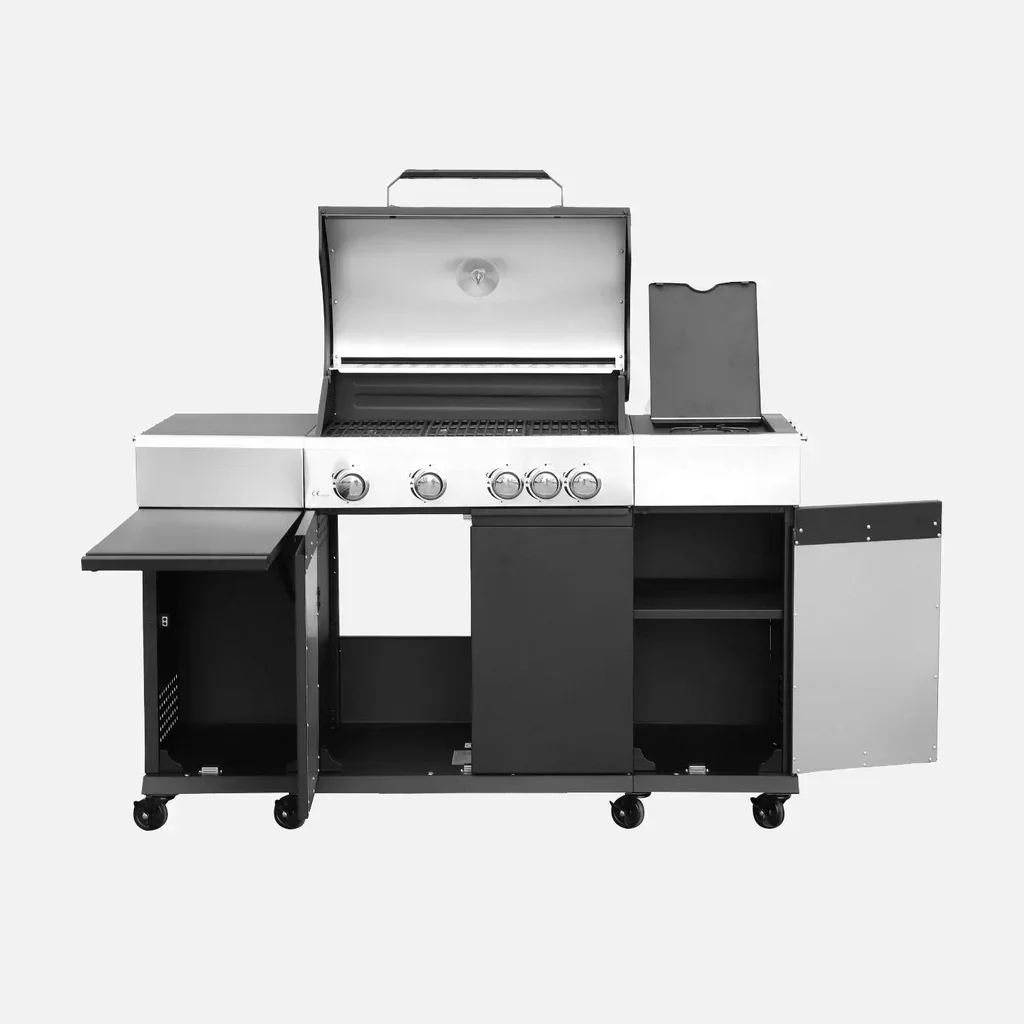 Barbecue gaz 4 brûleurs avec réchaud latéral, thermomètre et tablettes