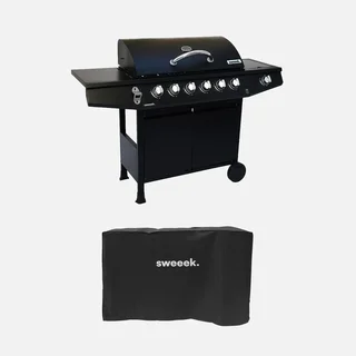 Barbecue a gas Treville con 6 bruciatori, bruciatore laterale, termometro e copertura