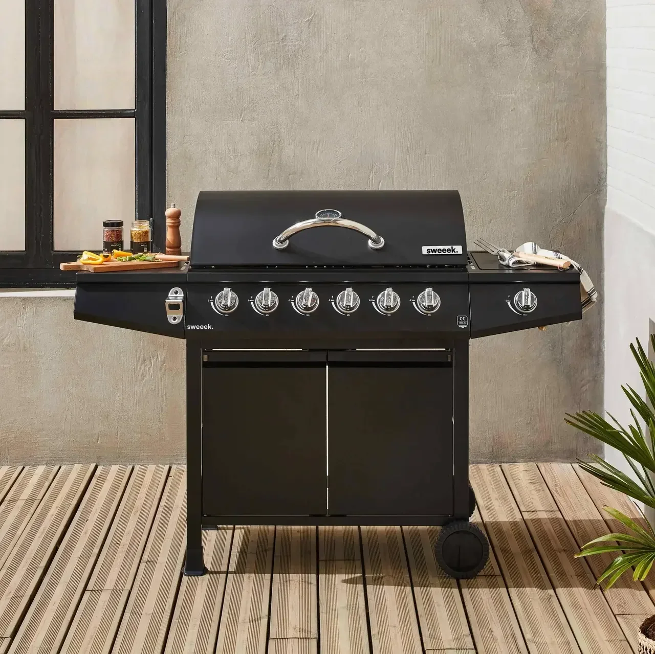 Barbecue gaz 6 brûleurs Treville avec feu latéral, thermomètre et housse