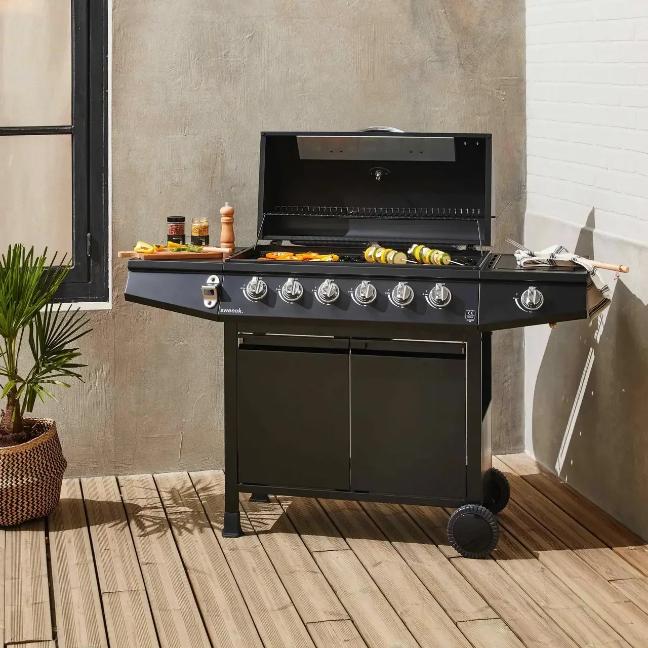 Barbecue gaz 6 brûleurs Treville avec feu latéral, thermomètre et housse
