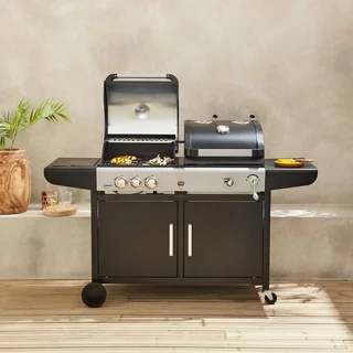 Barbecue hybride gaz charbon 3 brûleurs plancha fumoir housse
