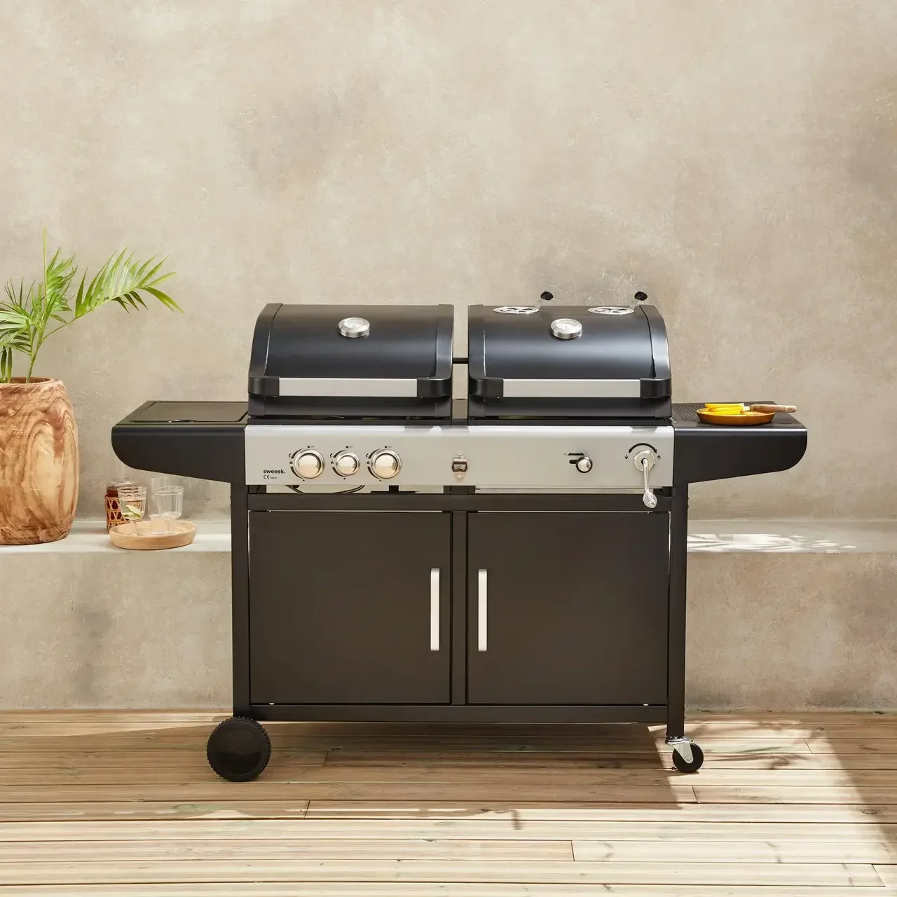 Barbecue hybride gaz charbon 3 brûleurs plancha fumoir housse