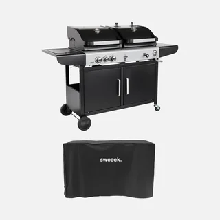 Barbecue hybride gaz charbon 3 brûleurs plancha fumoir housse