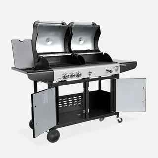 Barbecue hybride gaz charbon 3 brûleurs plancha fumoir housse