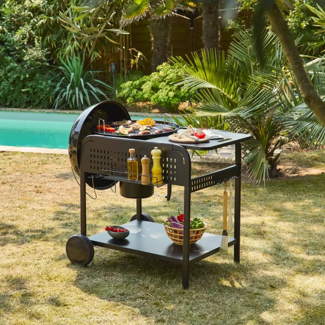 Barbecue rond charbon acier émaillé Ø53 cm chariot Maurice