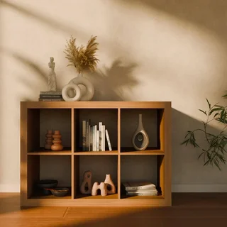 Librería 2 niveles 6 compartimentos madera mango diseño contemporáneo