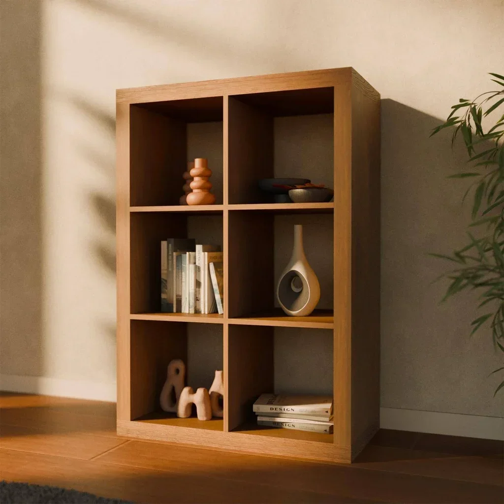 Librería 2 niveles 6 compartimentos madera mango diseño contemporáneo