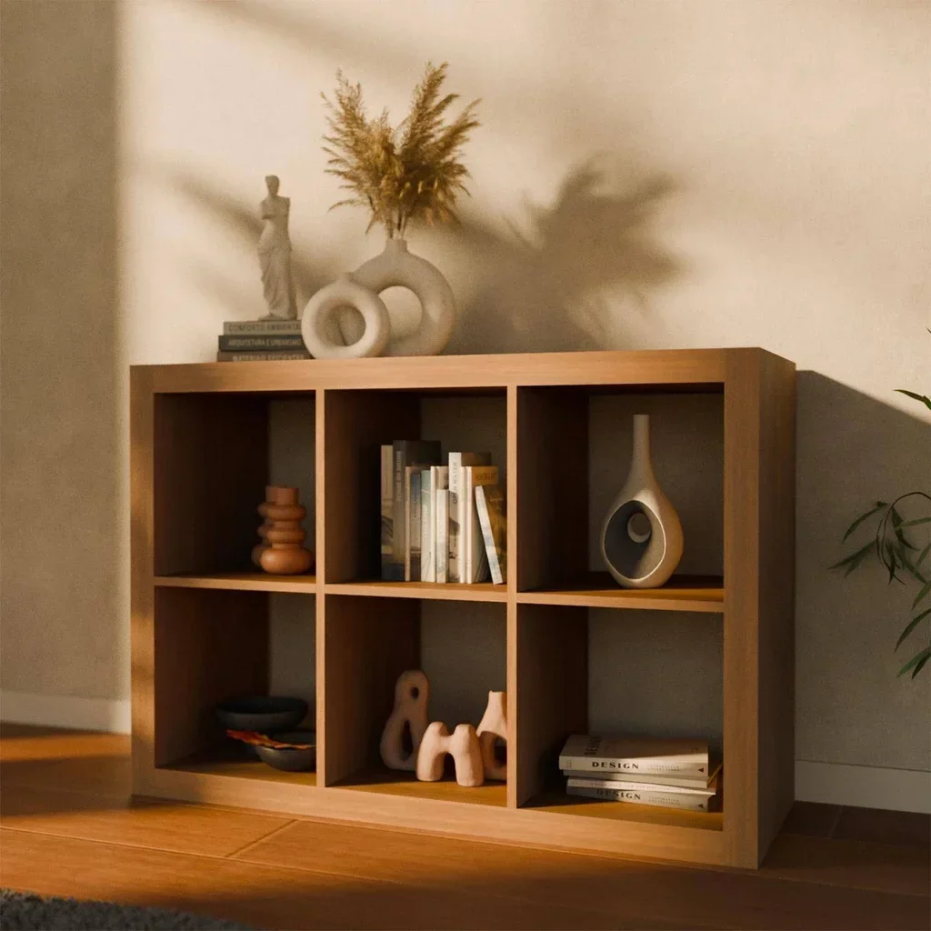 Librería 2 niveles 6 compartimentos madera mango diseño contemporáneo
