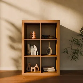 Librería 2 niveles 6 compartimentos madera mango diseño contemporáneo