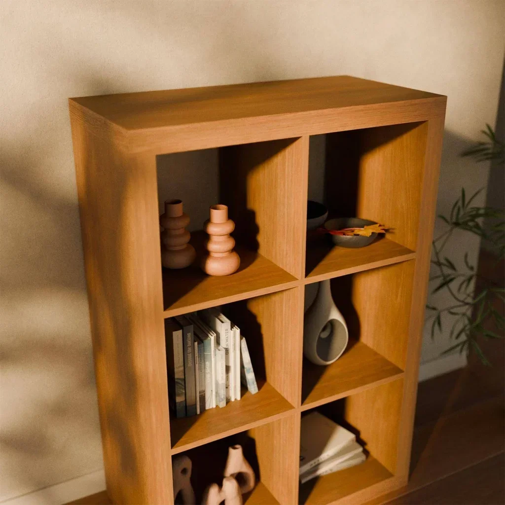Librería 2 niveles 6 compartimentos madera mango diseño contemporáneo