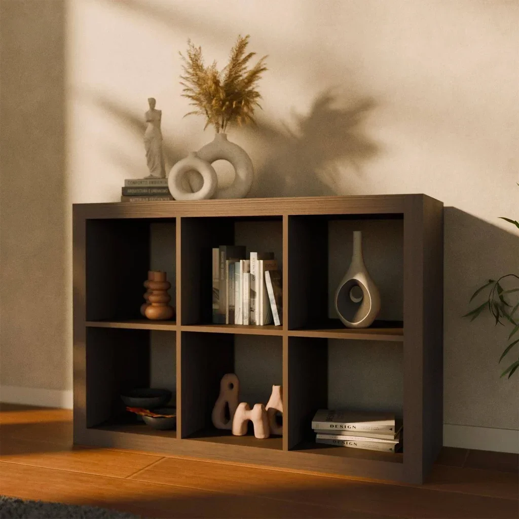 Librería 2 Niveles 6 Compartimentos Madera Mango Diseño Contemporáneo Salón Oficina