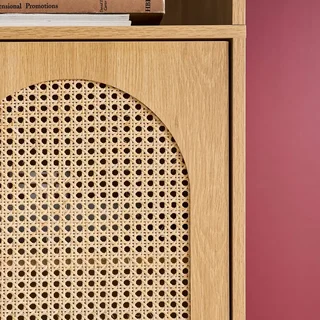 Bibliothèque 4 étagères cannage naturel bois 2 portes rangement vertical Judith