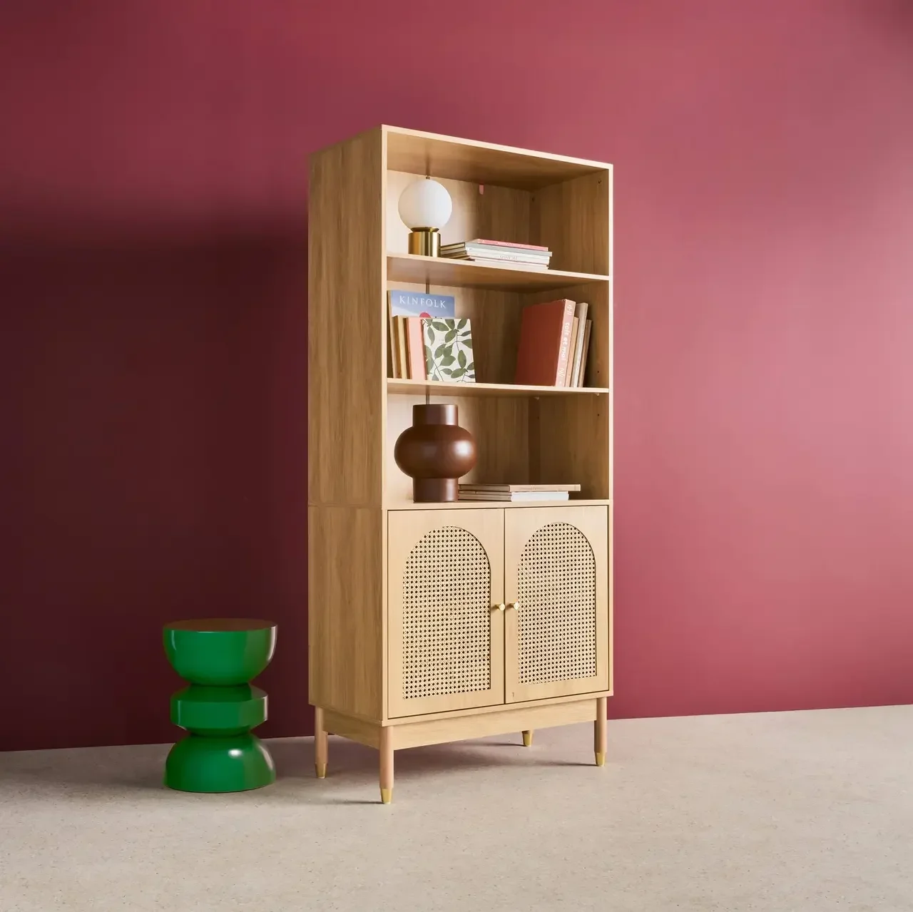 Bibliothèque 4 étagères cannage naturel bois 2 portes rangement vertical Judith