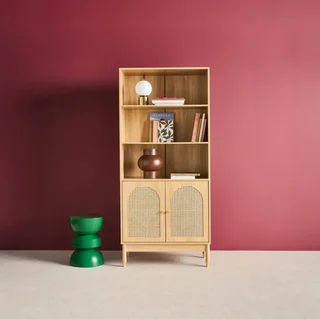 Bibliothèque 4 étagères cannage naturel bois 2 portes rangement vertical Judith