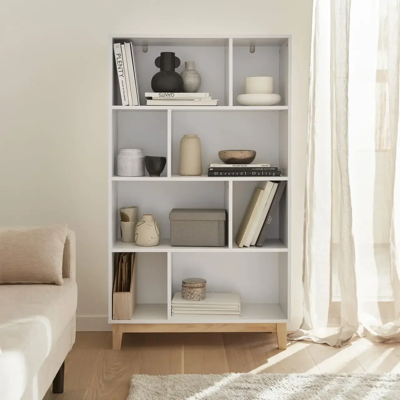Bibliothèque scandinave 4 niveaux bois naturel et blanc Floki
