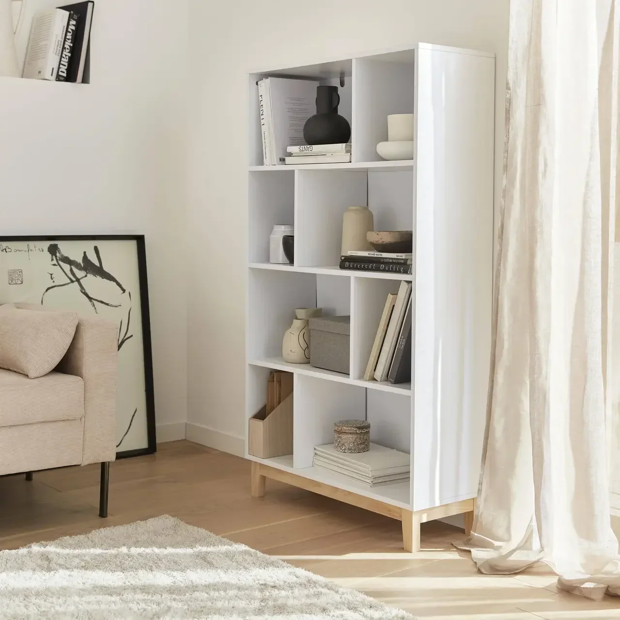 Bibliothèque scandinave 4 niveaux bois naturel et blanc Floki