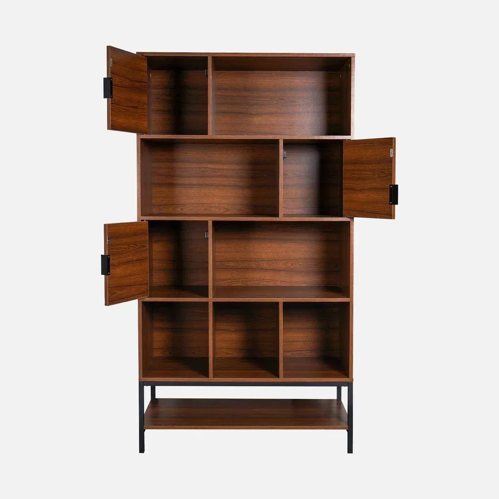 vintage bookcase 9 compartments walnut wood with black metal doors