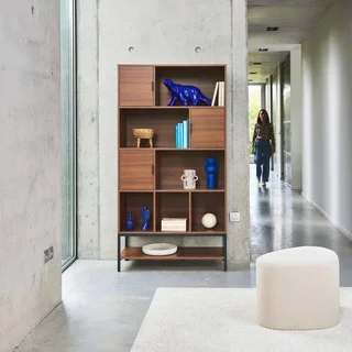 libreria vintage 9 scomparti legno noce con ante metallo nero