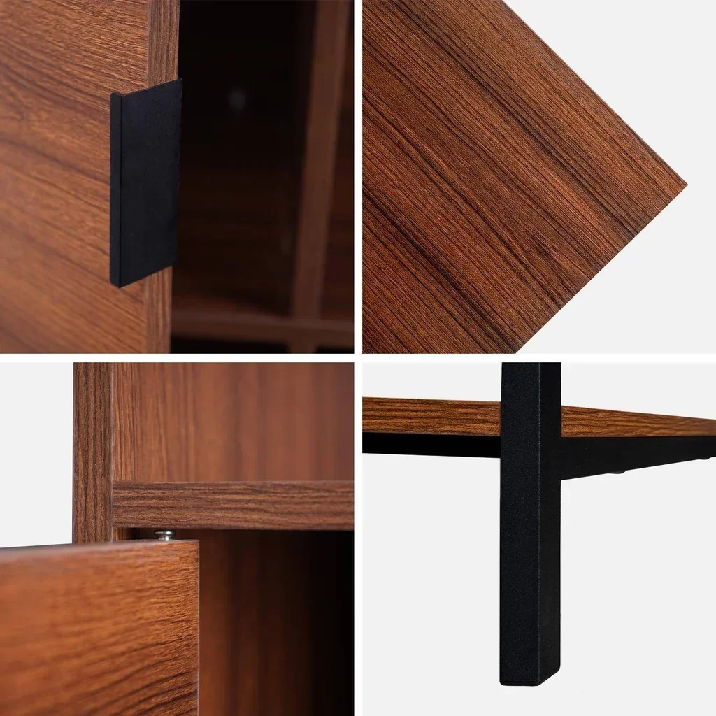 vintage bookcase 9 compartments walnut wood with black metal doors