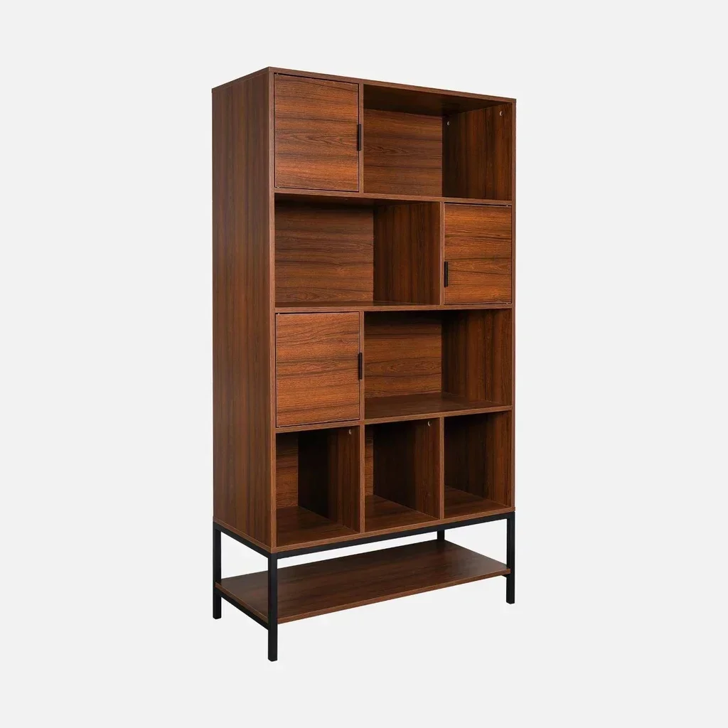 vintage bookcase 9 compartments walnut wood with black metal doors