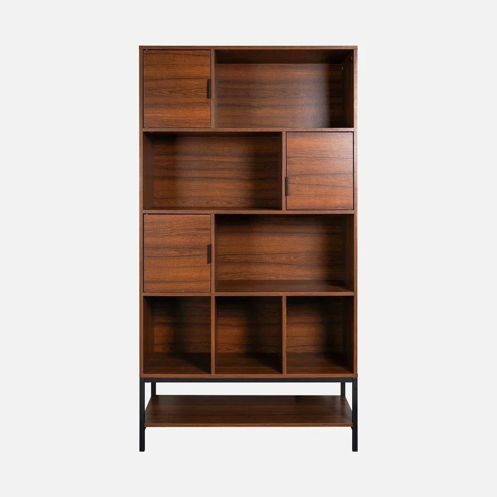 vintage bookcase 9 compartments walnut wood with black metal doors